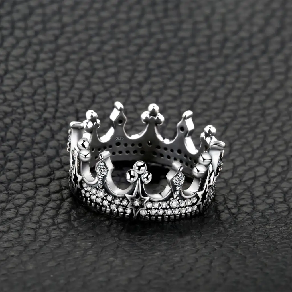 JewelryPalace Vintage Tiara Crown Solid 925 Sterling Silver Cubic Zirconia Cool Star Punk Band Rings for Women Fashion Jewelry