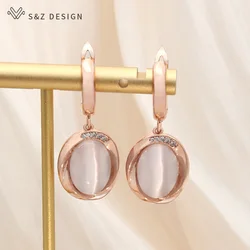 S&Z DESIGN New Elegant 585 Rose Gold Color Egg Shape Oval Cat's Eye Dangle Earrings For Women Wedding Natural Zircon Jewelry