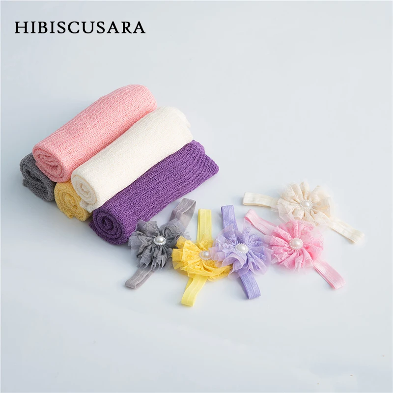 

40*150CM Knit Stretch Baby Wrap Newborn Photography Props Shawl Receiving Blankets With Flower Headband Bebe Swaddle