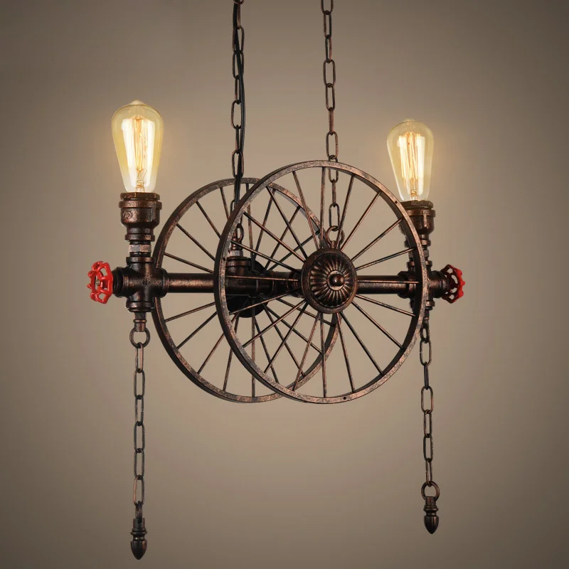 Retro Chandelier Industrial Light Restaurant Bar Dining Room Light American Iron Wheel Droplight Water Pipe Pendant Lamp