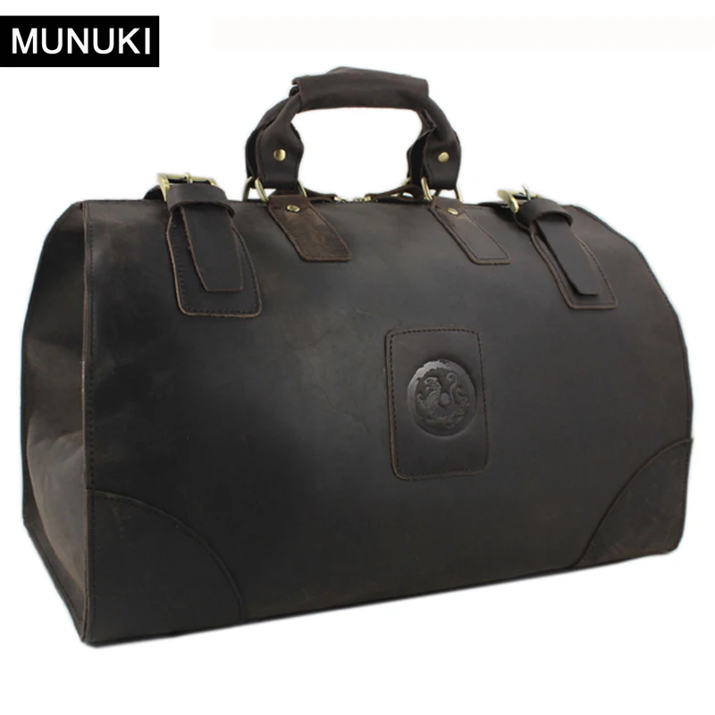 MUNUKI Vintage Crazy Horse Genuine Leather Travel bag  men Luggage Bag Leather duffle bag Large Weekend Bag Tote Big M051