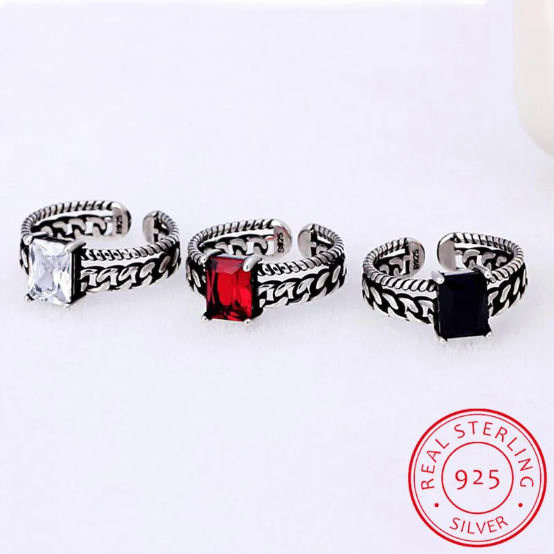 Vintage tricolor 925 Sterling Silver Zirconia Opening Rings Twisted Chain Models Fashion Black Auger Thai Silver Ring S-R01