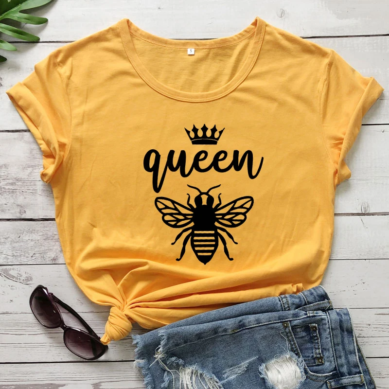 

Queen Bee Pure Cotton T-shirt Cute 90s Bee Lover Gift Tshirt Casual Women Short Sleeve Graphic Honey Bee Yellow Top Tee Shirt