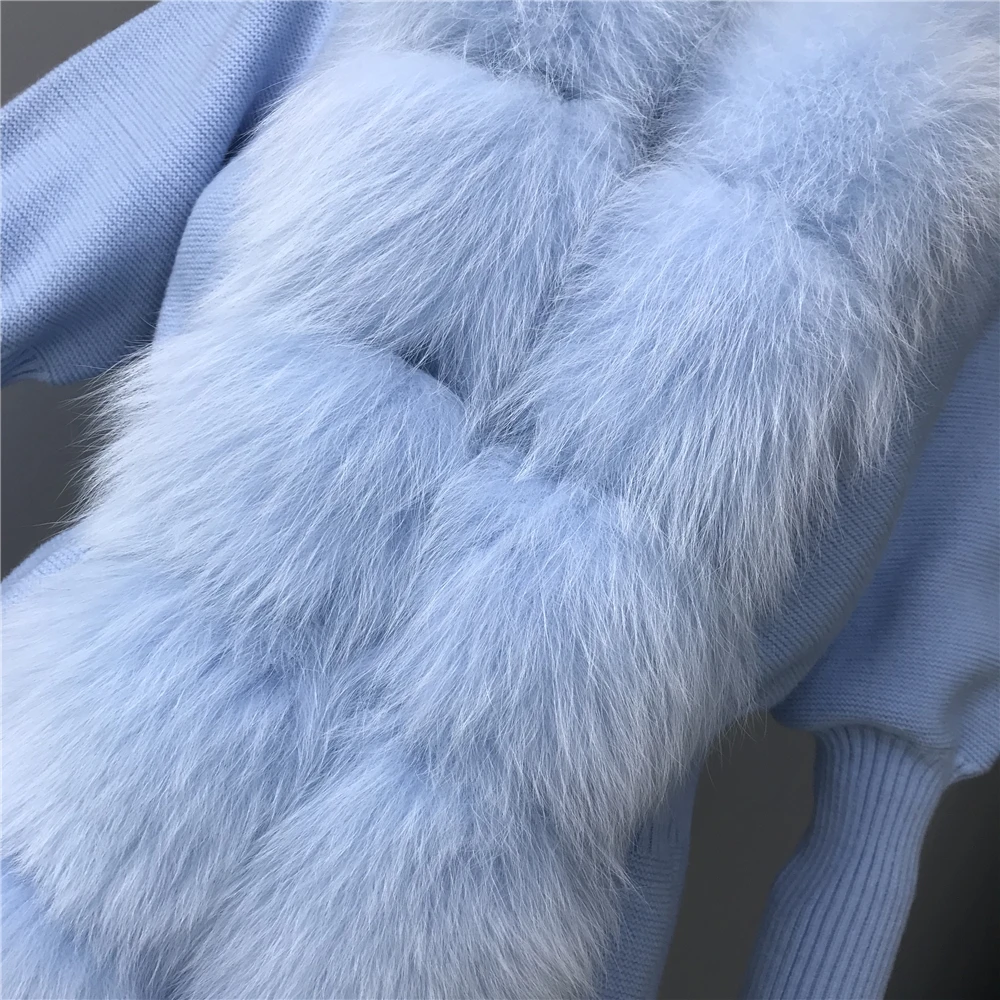 Jxwatcher Ladies Fur Sweater Women Real Fox Fur Short Sweater Bubble Sleeves Real Fox Fur Collar Wool Sweater Cardigan Jacket