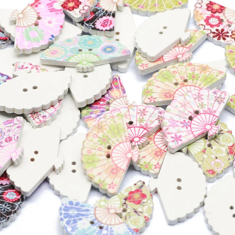 50Pcs Fan Shape Painting 2 Holes Wooden Buttons For Clothing Sewing Scrapbooking Decoration Crafts Diy Accessories 18x30mm