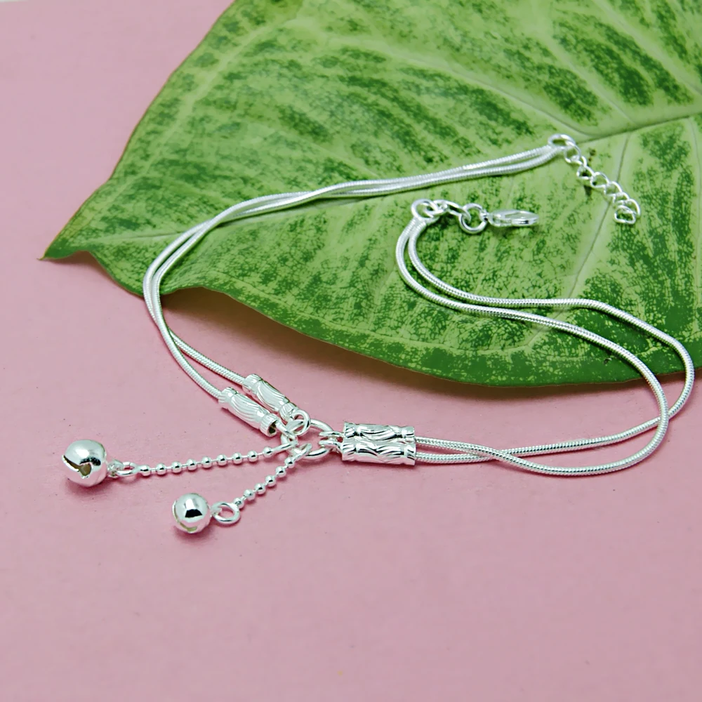925 Sterling Silver Double Bell Anklets Trendy Jewelry for Women And Girls Ankle Bracelets Leg Chain Barefoot Sandals Foot Chain