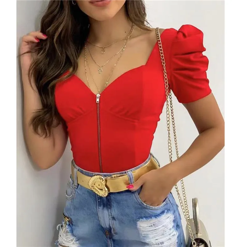 hirigin Short Puff Sleeve T-shirts Tops Cropped 2021 New Fashion Women V-neck Low Cut Front Zipper Up Push Up T-shirt Elegant