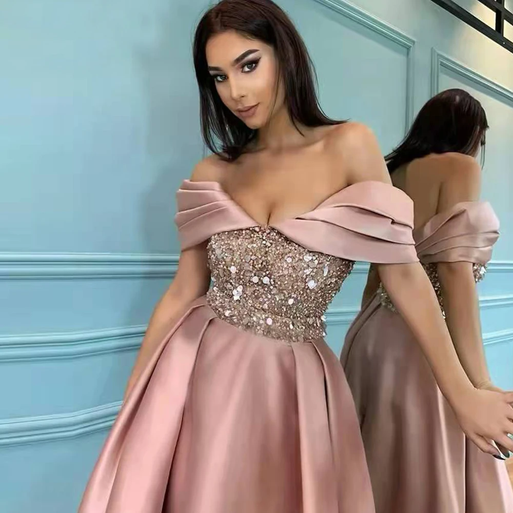 Pink Satin Shinny Sequins Evening Dresses Off Shoulder V-Neck A-line Tea Length Prom Gown Blackless robes de soirée فساتين الس