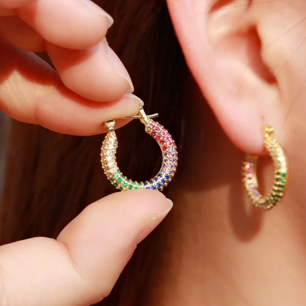 Pera Delicate Micro Blue Green CZ Pave Yellow Gold Colour Cute Round Circle Hoop Earrings for Women Trendy Brand Jewelry E674