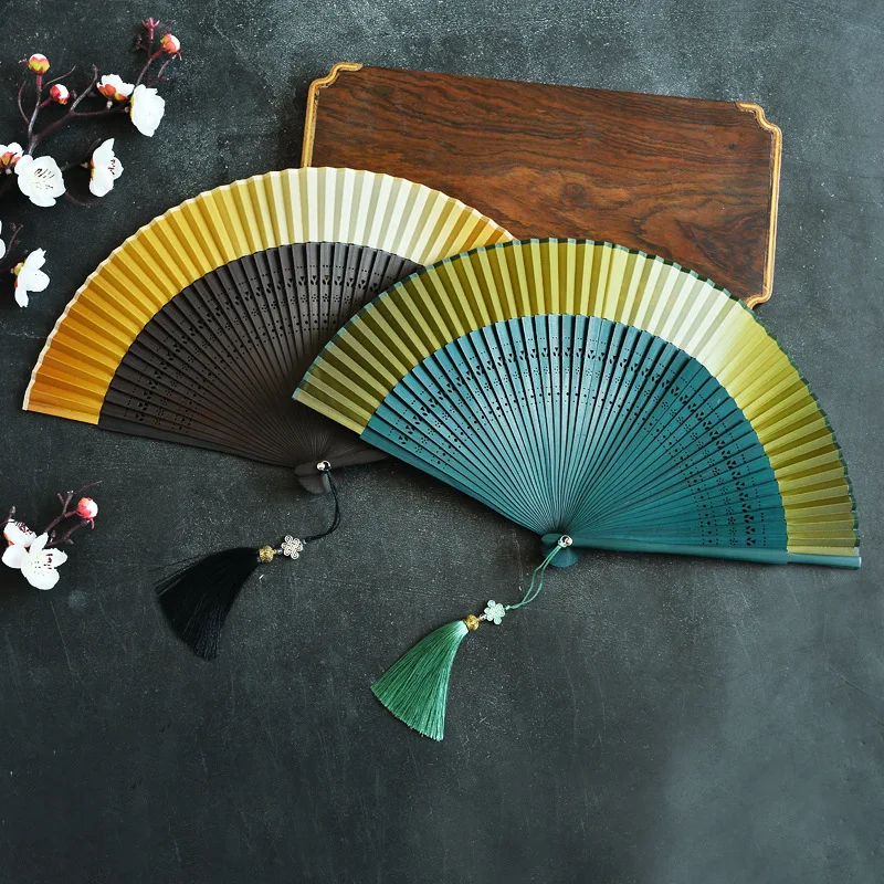 

Gradient Color Japanese Style Japanese Style Folding Fan Silk Cloth Fan Small Flower Carving Blank Fan Handicraft Fan