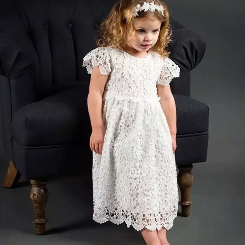 

Baby Girls Ruffle Baptism Dress Short Sleeve Flower Embroidery Vintage Vestidos Tulle Christening Gown with Hat Newborn Dresses