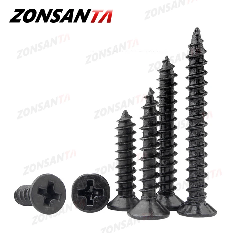 ZONSANTA 50Pcs M1.4 M1.7 M2 M2.3 M2.6 M3 M4 Carbon steel Black Cross recessed countersunk Flat head tapping screws Wood Screw