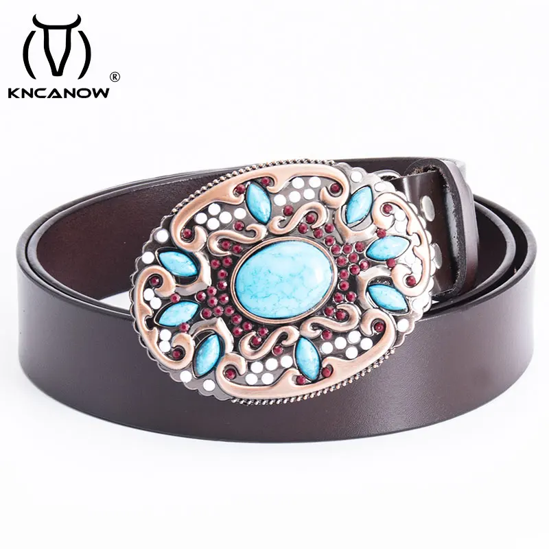 Women Belts For Dress Bohemia Mosaic Gem Turquoise Buckle Female Arabesque Pattern Retro Ladies Decorative Cow Leather Belt Gift