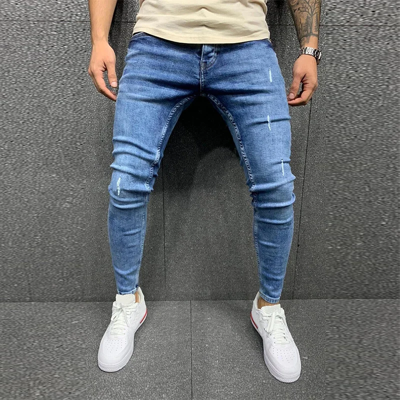 Pantalones vaqueros ajustados azules para hombre, pantalones pitillo ajustados a los arañazos, ropa de calle hip-hop, moda de otoño