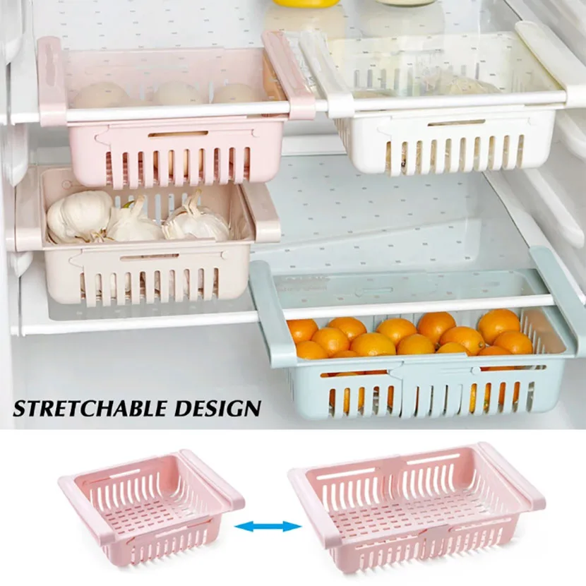 Organizador de geladeira ajustável, cesta de gaveta para refrigerador, puxável, caixa de segurança para recém-nascidos, espaçador de camada de armazenamento, cozinha