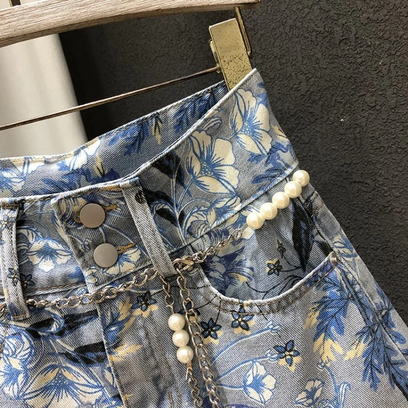 Vintage Harajuku Womens Flowers Printed Denim Shorts Single Breasted High Waist Wide Leg Jeans High Street Sexy Wrap Hotpants