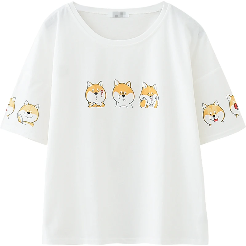 Japanese Funny Graphic T Shirts  Women Summer Tops Kawaii Dog Animal Short Sleeve Tee Teen Girl Cute Casual Cotton White T-Shirt