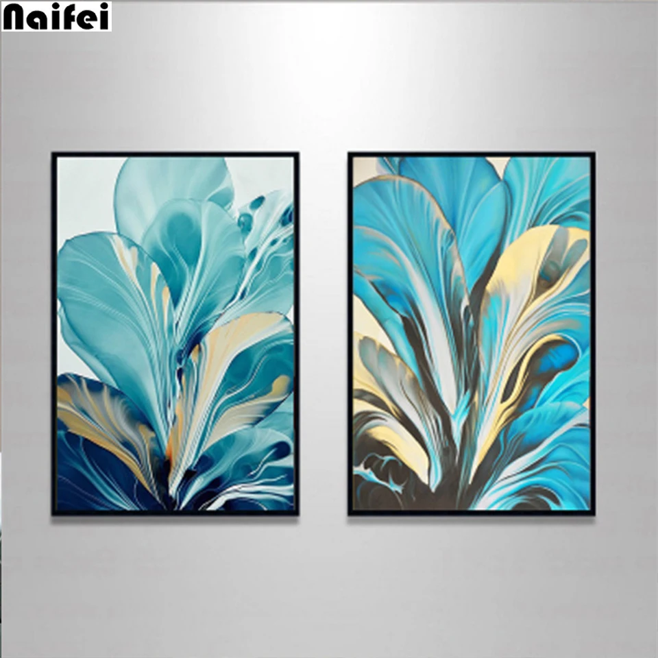 5d Diy Diamond Painting Leaf Vertical Version Gold Blue Wall Art Abstract Block linesLeavesFull Diamond Embroidery Home Decor