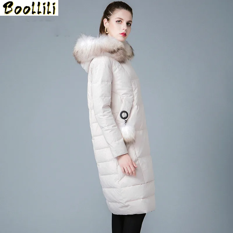 

Coat Boollili Winter Women White Duck Down Jacket Woman Hooded Raccoon Fur Collar Long Down Coat Warm Women's Jackets