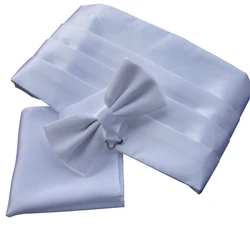 3PCS Ikepeibao Mens Formal Wide Solid Classic White Pre-tied Bow Tie Pocket Square Cummerbund Belt Corset For Male Set