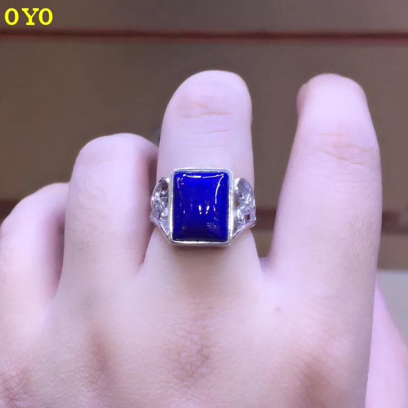 

100%S925 pure silver inlaid natural Afghan lapis flower square opening ring hollow out simple fashion