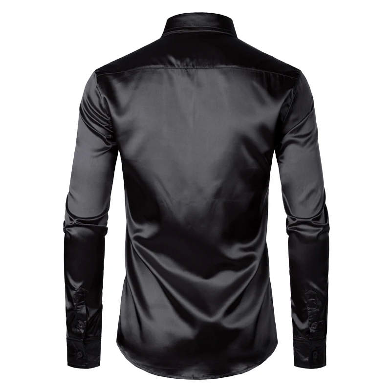 Preto cetim camisas de vestido de luxo dos homens 2023 seda suave camisa do smoking dos homens ajuste fino festa de casamento formatura camisa