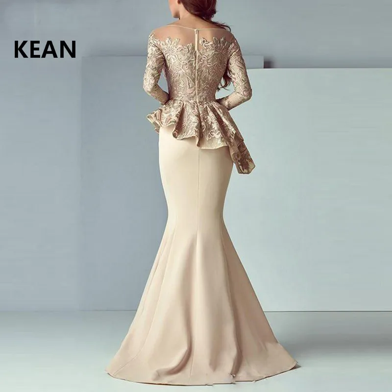 2019 Champagne Muslim Evening Dresses Mermaid Long Sleeves Formal Islamic Dubai Kaftan Saudi Arabic Prom Dress