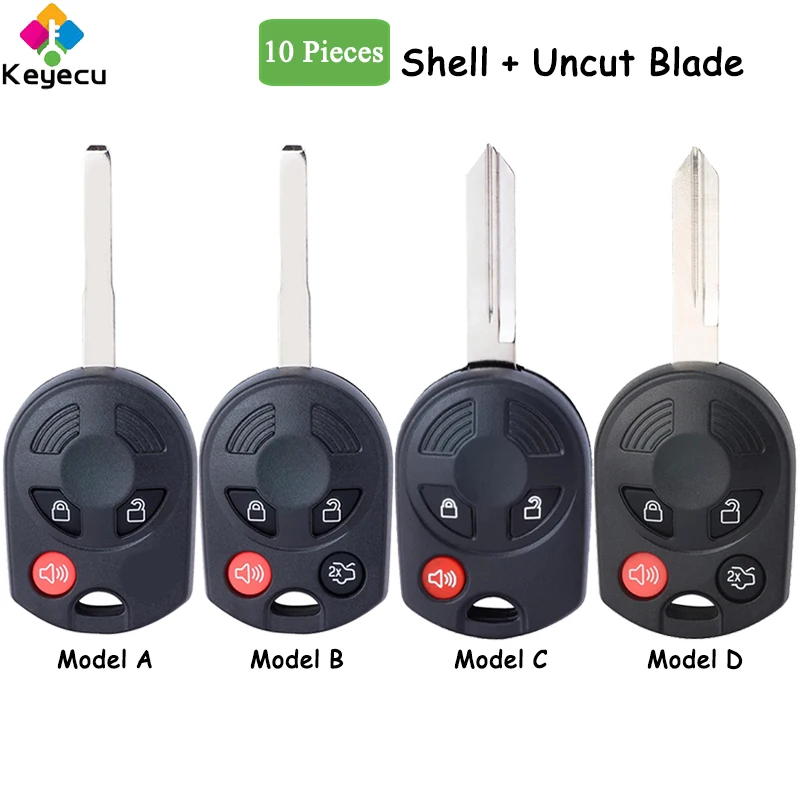 KEYECU 10 Pieces Remote Car Key Shell Case Fob 3 4 Buttons Uncut Blade for Ford Escape Focus C-Max Transit Mustang Flex Fusion