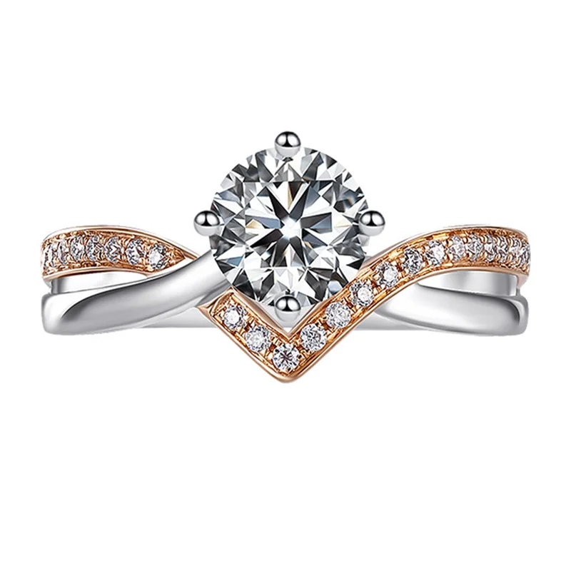 Adjustable 1-Carat Simulated Diamond Ring 925 Sterling Silver Plated Rose Gold Diamond-Cut Women's Engagement Jewelry Gift