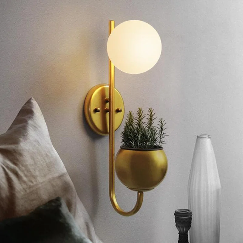 

Nordic Postmodern Living Room Background Wall Lamp Bedroom Bedside Glass Ball Plant LED Deco Wall Light Fixtures