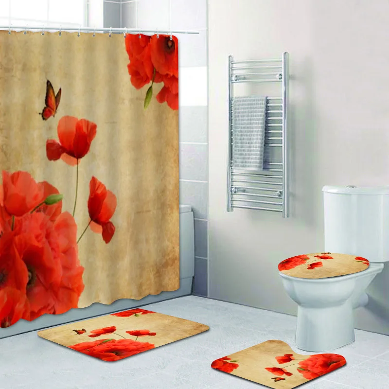 Vintage Red Poppy Shower Curtain Bathroom Curtains Set Butterfly Flower Floral Bath Mat Rug Carpet for Toilet Poppies Home Decor