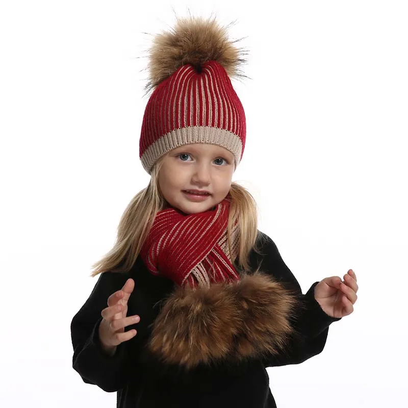 Baby Winter Hat For Girls Boys Real Fur Pompom Kids Hat and Scarf Set Striped Knitted Beanies Skullies