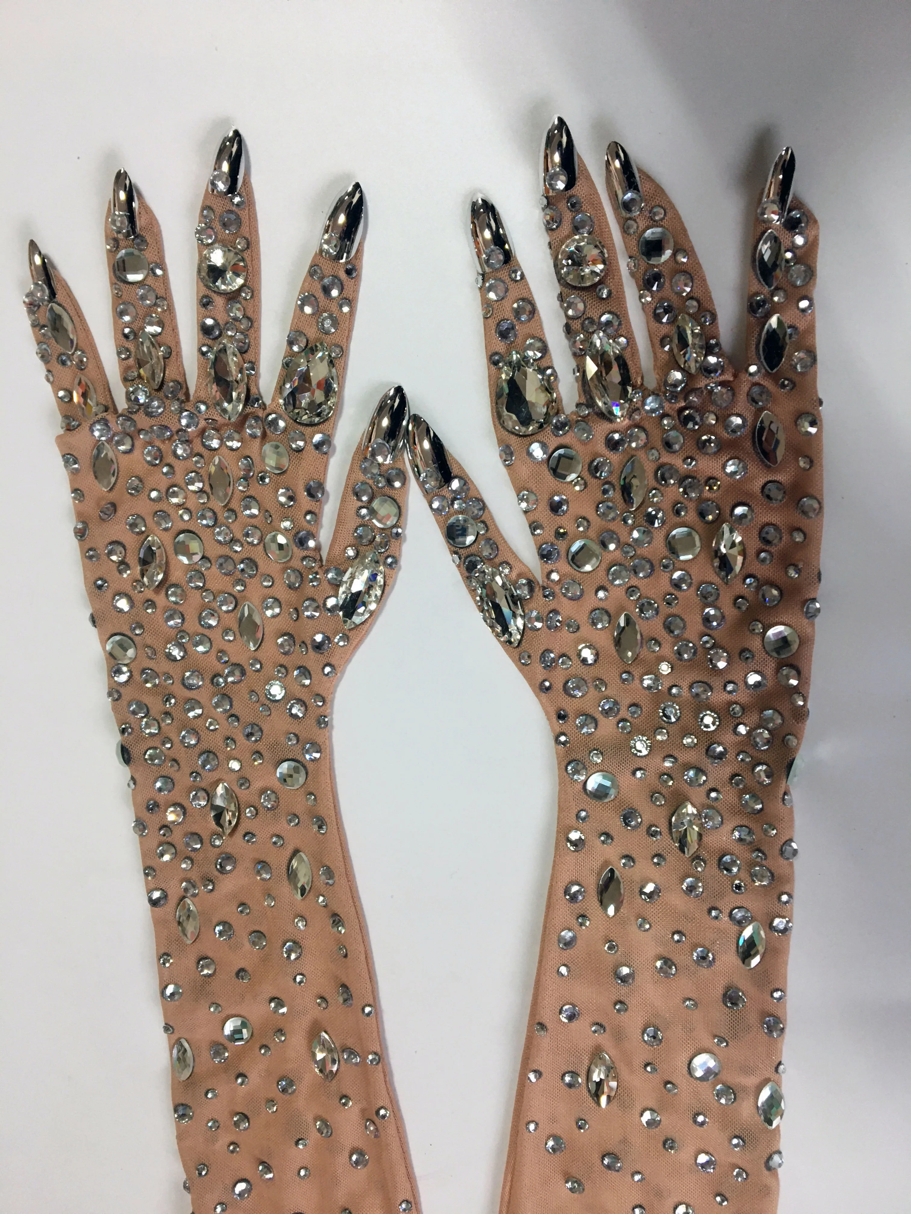 Sexy Stage Stretch Rhinestones Gloves Women Sparkly Crystal Mesh Long Gloves Dancer Singer Nightclub Dance Stage Accessories