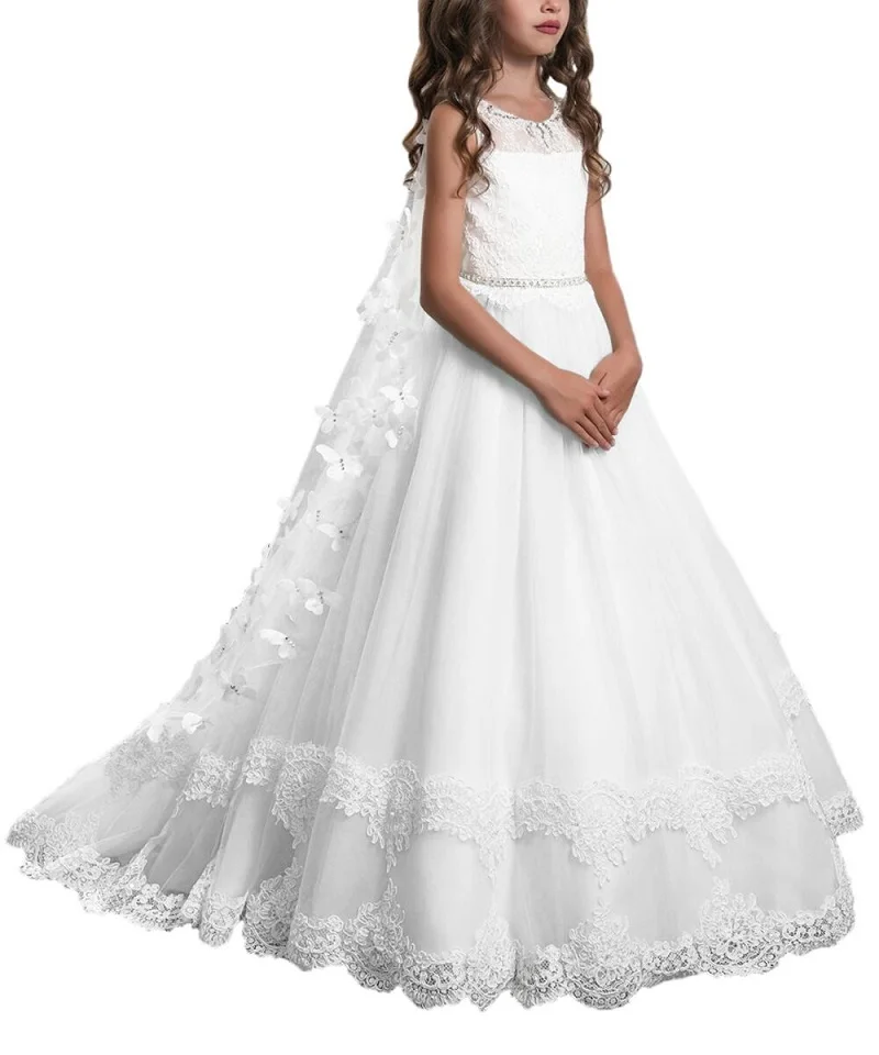 Hollow Back Detachable Veils Cloak Elegant Girls Evening Party Dress Kids Dresses Girls Children Pageant Gown Wedding Long Dress