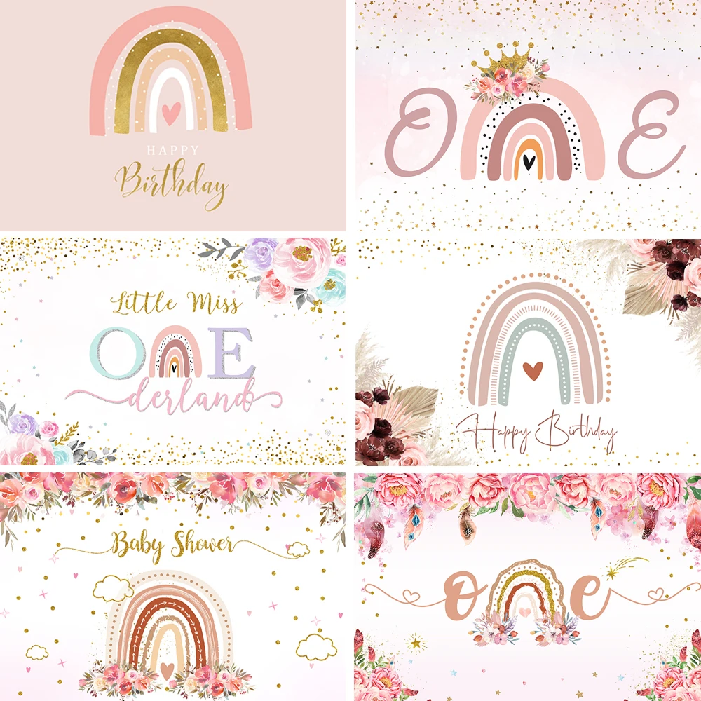 

Boho Rainbow Birthday Party Decoration Backdrop Pink Bohemian Heart Girl Baby Shower Photography Background Photo Studio Banner