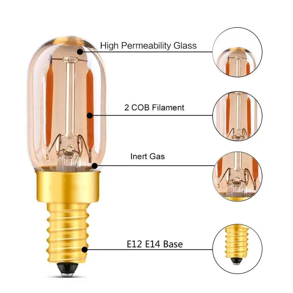 Imagem -03 - Lâmpada de Filamento Edison. 10x T22 Led Dimerizável Vidro Âmbar Tubular 2w Ultra 2200k E12 E14 110240v Iluminação Decorativa.