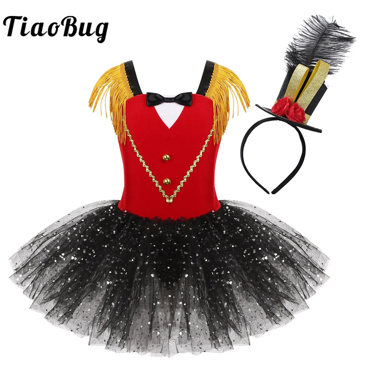 Kids Girls Sequins Circus Ringmaster Cosplay Costume Fringed Shoulder Tulle Tutu Leotard Dress Halloween Dress Up Costume