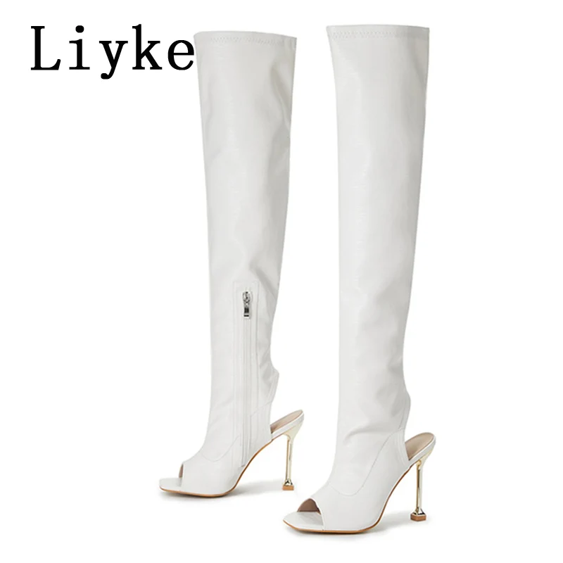 Liyke White Leather Thigh High Over The Knee Boots Sexy Open Toe Stripper Heels Booties Fashion Zip Motorcycle Shoes Women Pumps