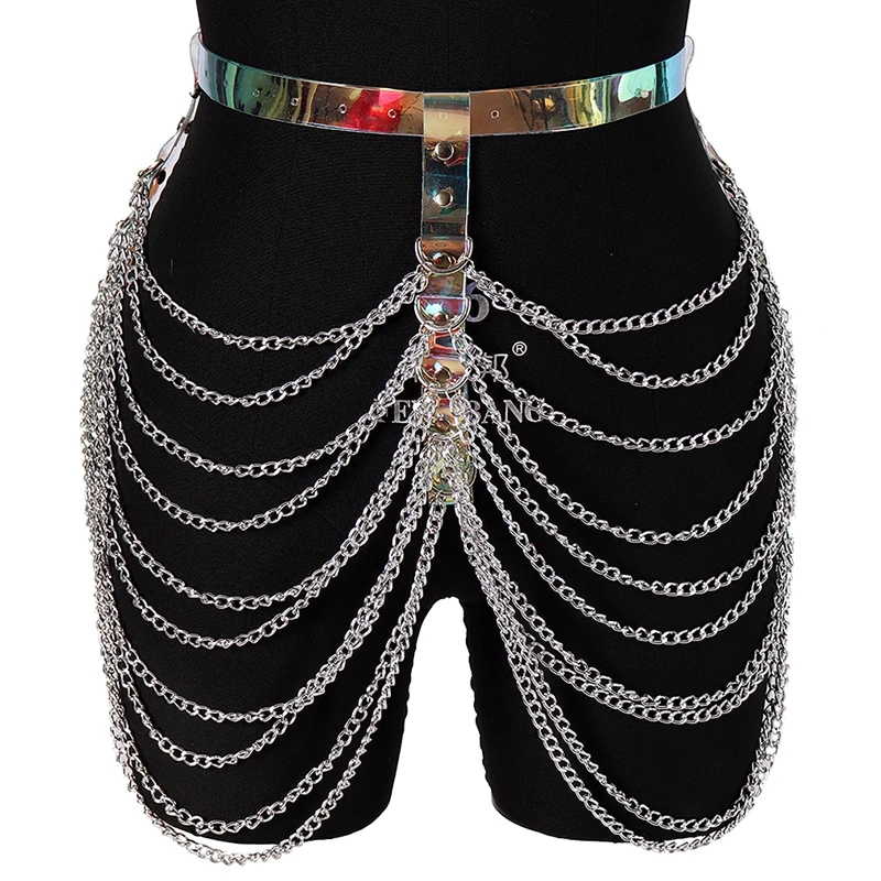 

Women Sexy Pub Laser Leather Skirt Belts Punk Gothic Rock Harness Waist Metal Chain Body Bondage Hollow Belt Stage Accessories