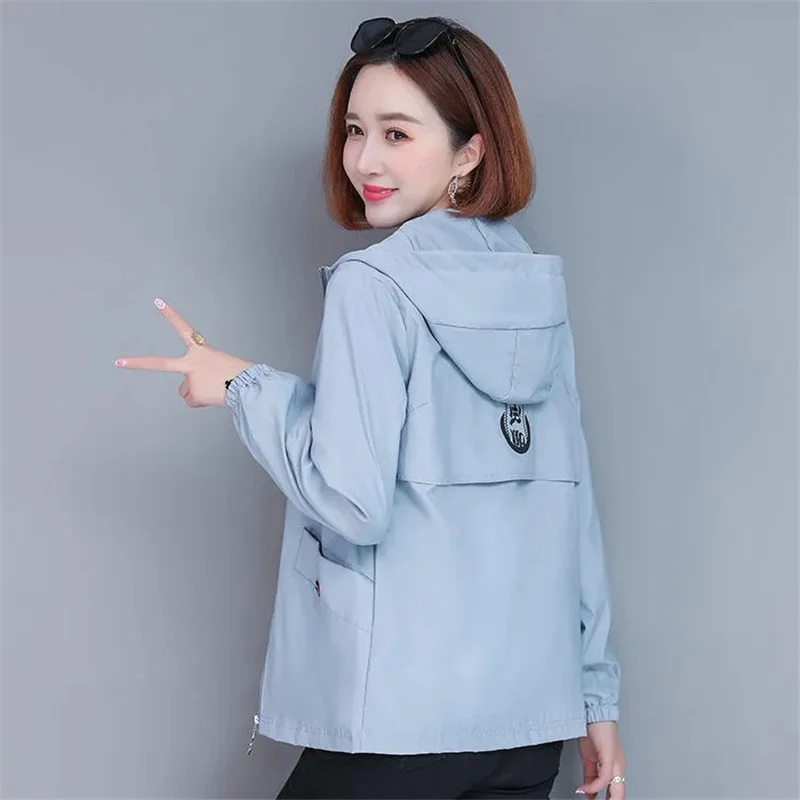 Women's Windbreaker 2026 Autumn New Korean Fashion Wild Loose Hooded Blue Jacket Female Windbreaker Zipper Coat Lining Spring