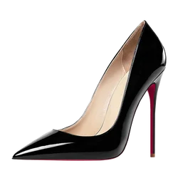 HLTINO-zapatos de piel auténtica para mujer, calzado Sexy de tacón alto, color negro, Nude, brillante, vestido de noche para Stilettos, 4,7 pulgadas