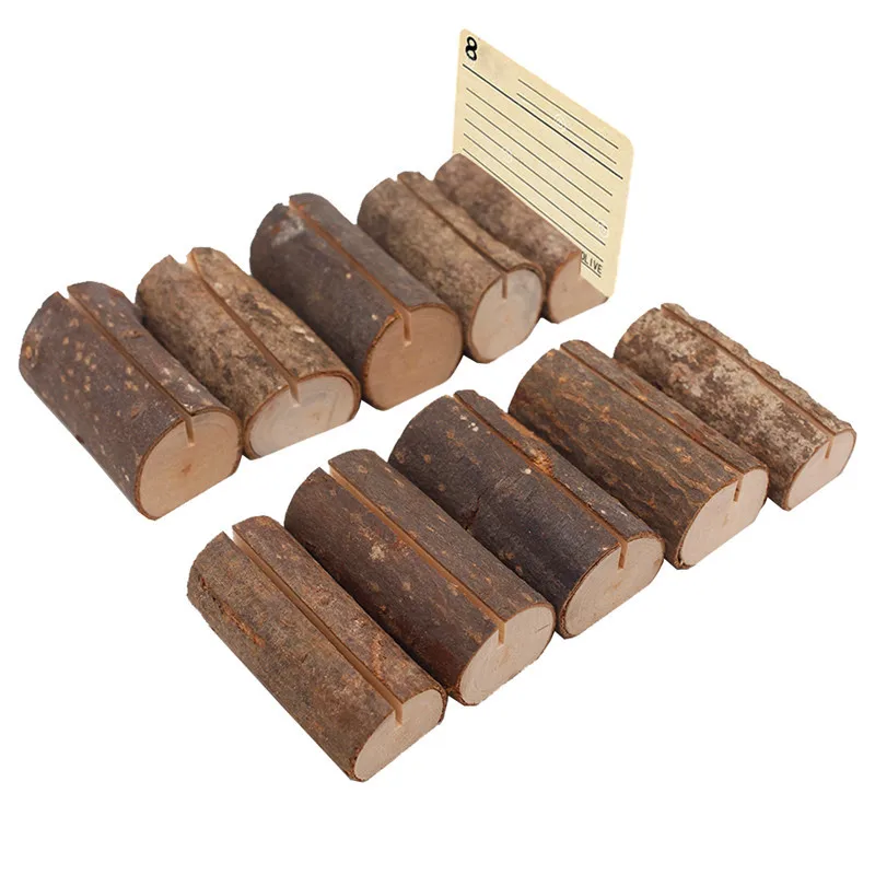 

5Pcs Wood Table Numbers Holder Stand Rustic Wooden Bark Memo Place Card Holders Photo Picture Note Sign Clip Wedding Party Decor