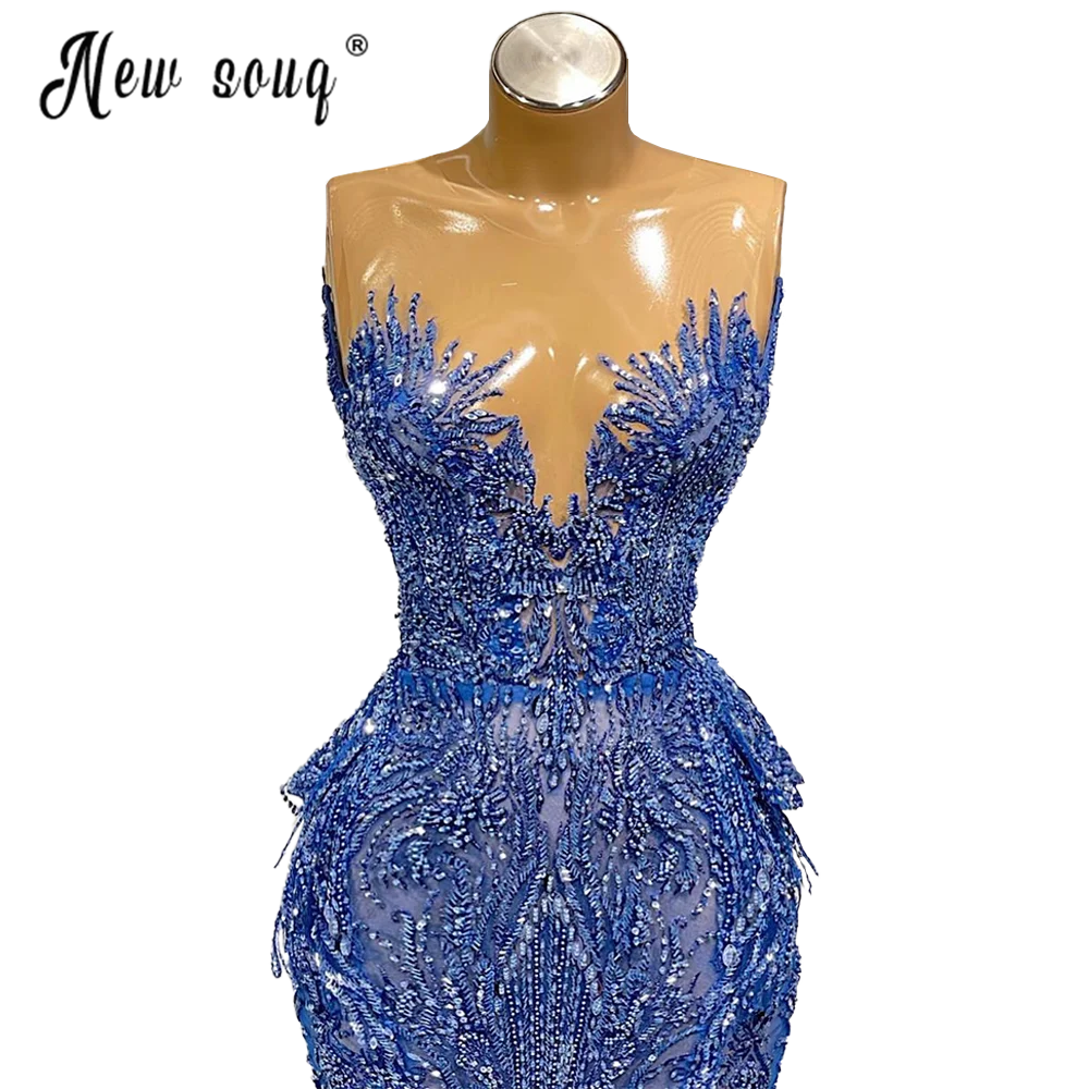 Gorgeous Blue Mermaid Evening Gowns 2021 Illusion Full Beading Celebrity Influencer Prom Dresses Wedding Gown Robe Soiree