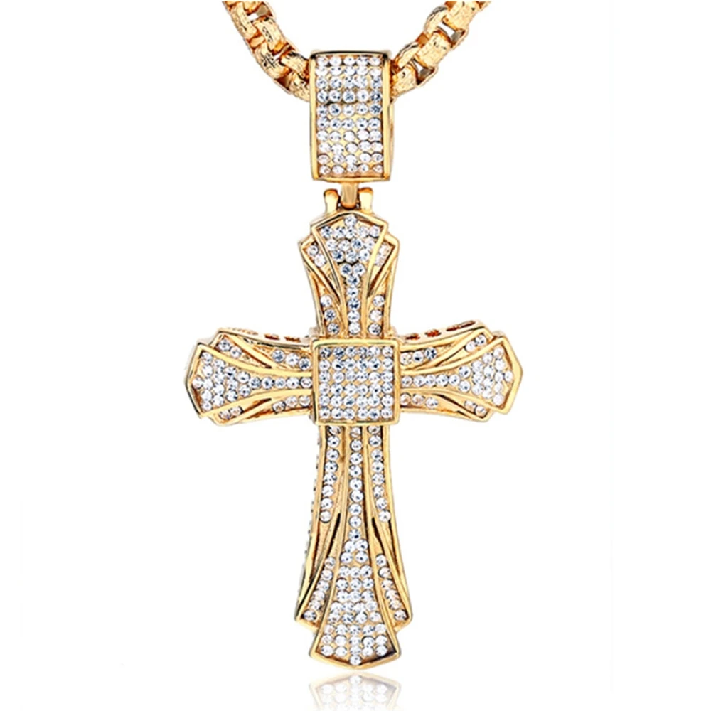 Hip Hop Iced Out Bling Big Cross Pendant Male Gold Color Stainless Steel Christian Necklace For Men Jewelry Dropshipping