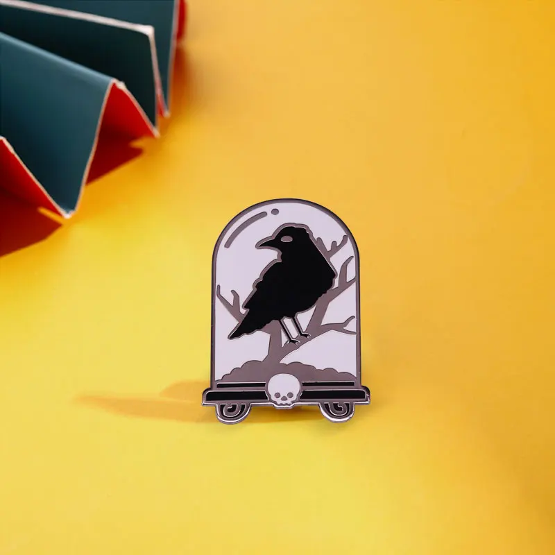 Raven Skull Tombstone Enamel Pin Badge