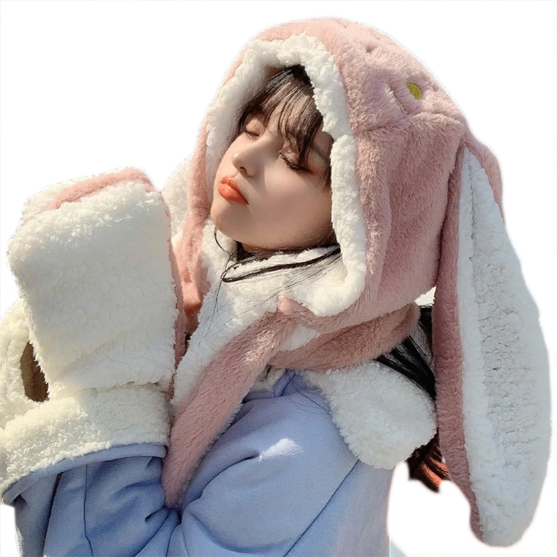 

Fashion Winter Warm Rabbit Ears Hat Windproof 3-in-1 Multi-functional Cartoon Hat Windproof Scarf & Gloves Set Combo M6CD