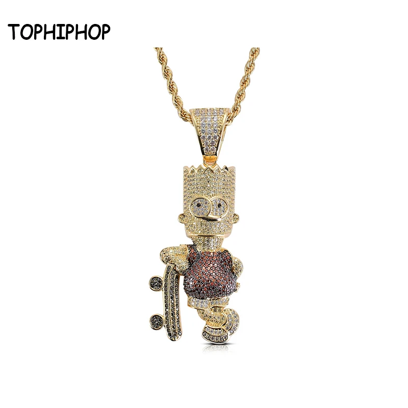 

TOPHIPHOP Shiny Skateboard Cartoon Pendant Necklace Iced Out Cubic Zircon Men's Hip Hop Jewelry Gifts