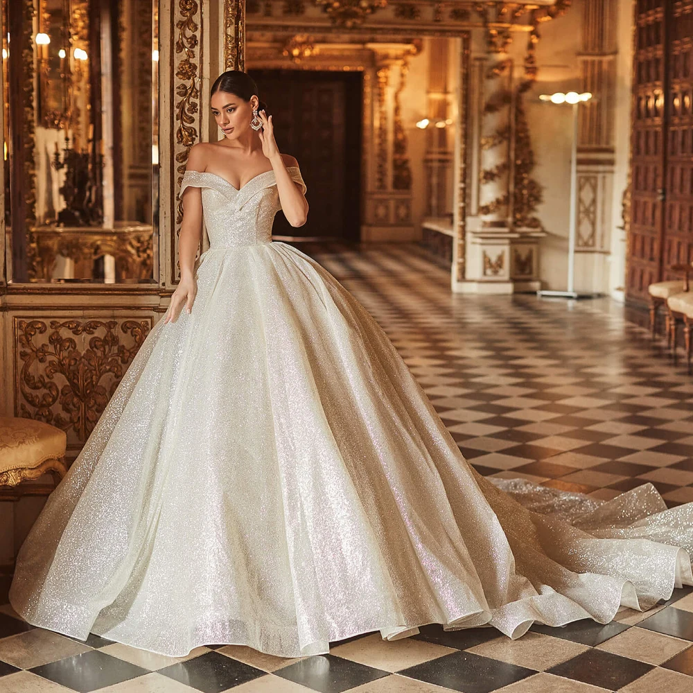 

Luxury Off Shoulder Wedding Dress Illusion Lace Up Sweetheart Bride Beaded Ball Gown Long Train Bridal Dresses Robe De Mariee