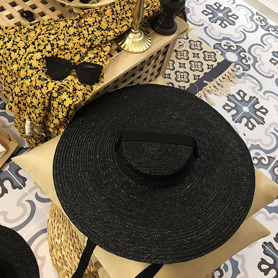 Large Brim Wheat Straw Hat Summer Hats For Women 10cm/15cm/18cm Brim With Black&White Ribbon Beach Cap Boater Flat Top Sun Hat