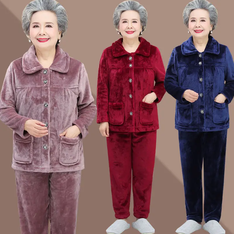 Elderly grandma pajamas flannel loose 2024 autumn winter warm long-sleeve trousers home service suit Solid casual two-piece suit